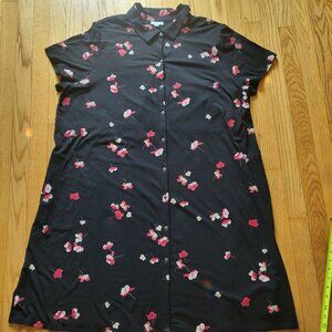 J Jill Floral Button-Down Black Dress With Pink & White Flowers 3x